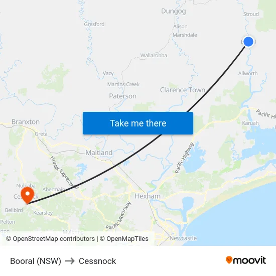 Booral (NSW) to Cessnock map