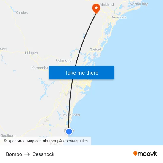 Bombo to Cessnock map