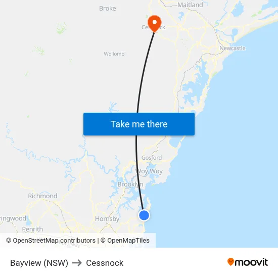 Bayview (NSW) to Cessnock map