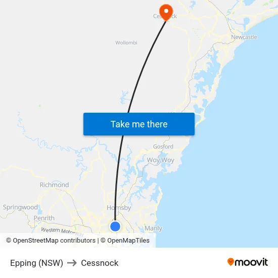 Epping (NSW) to Cessnock map