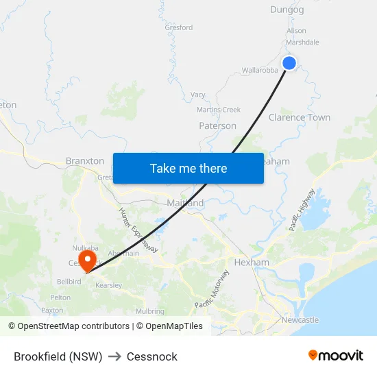 Brookfield (NSW) to Cessnock map
