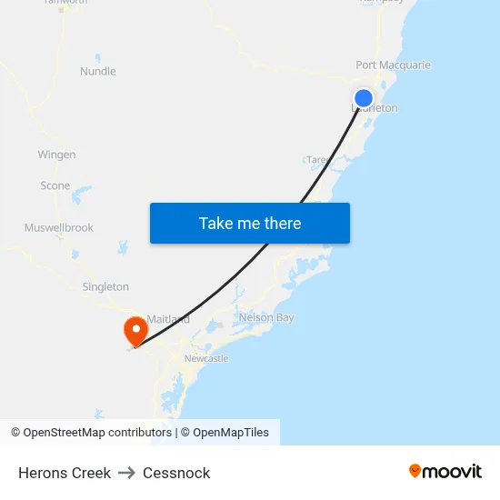 Herons Creek to Cessnock map