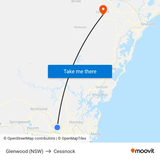 Glenwood (NSW) to Cessnock map