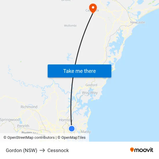 Gordon (NSW) to Cessnock map