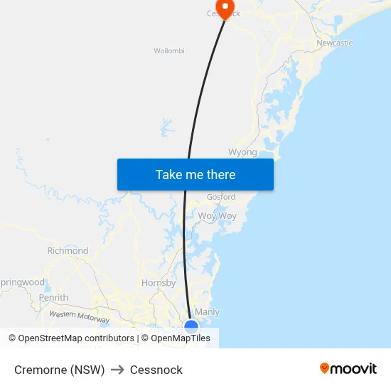 Cremorne (NSW) to Cessnock map