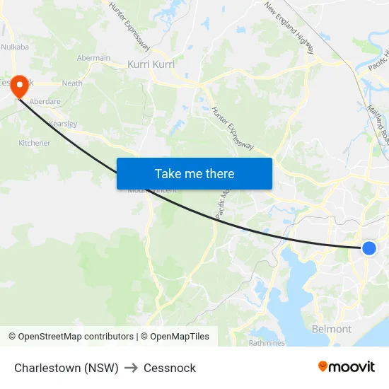 Charlestown (NSW) to Cessnock map