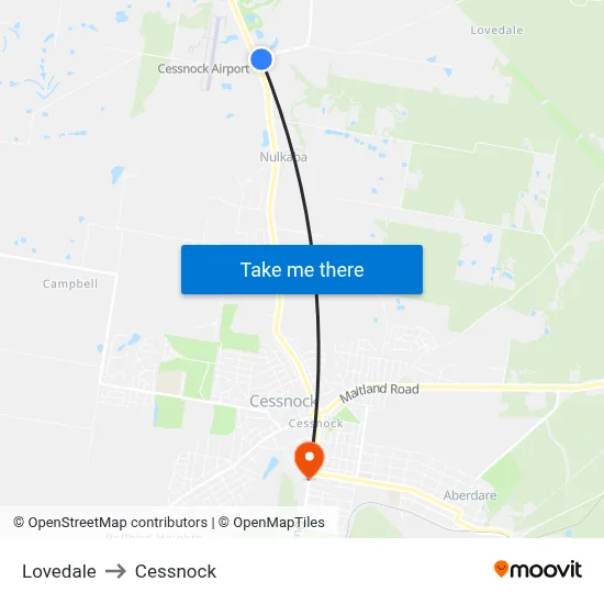 Lovedale to Cessnock map