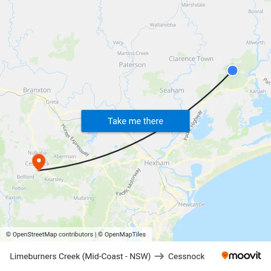 Limeburners Creek (Mid-Coast - NSW) to Cessnock map