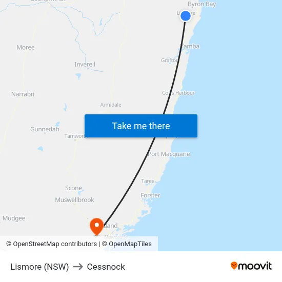 Lismore (NSW) to Cessnock map