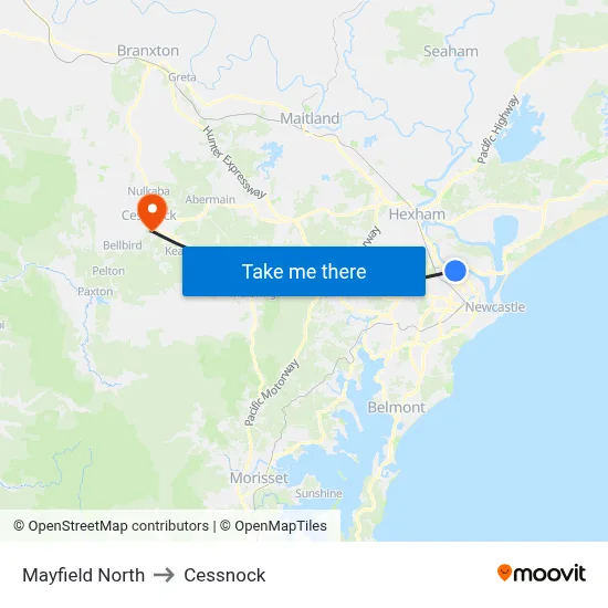 Mayfield North to Cessnock map