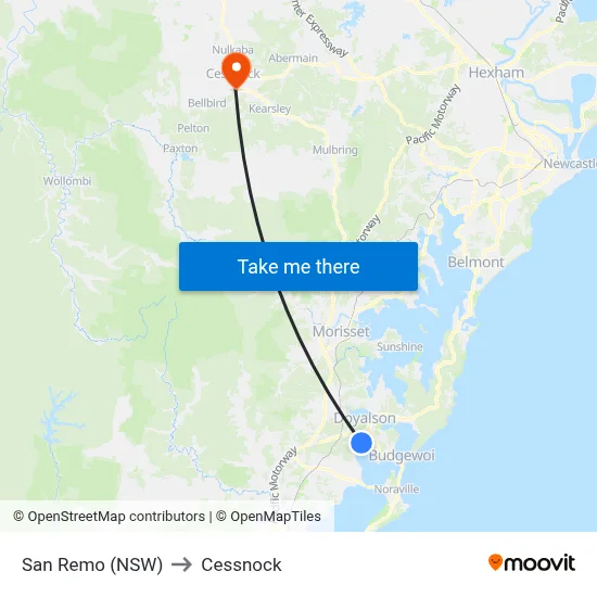 San Remo (NSW) to Cessnock map