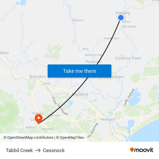 Tabbil Creek to Cessnock map