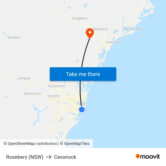 Rosebery (NSW) to Cessnock map