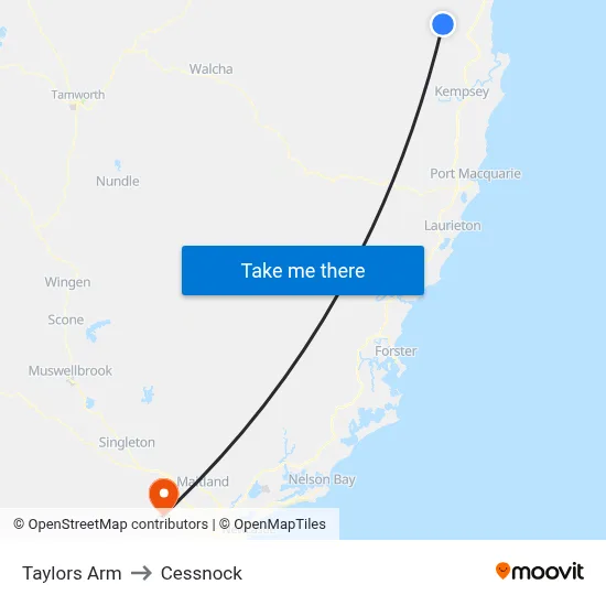 Taylors Arm to Cessnock map