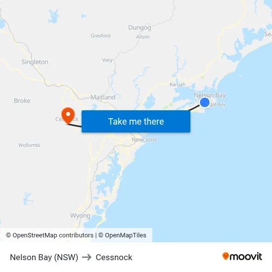 Nelson Bay (NSW) to Cessnock map