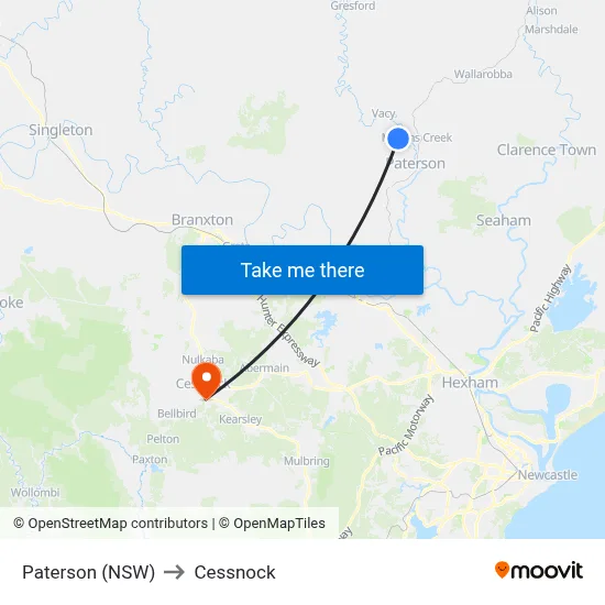 Paterson (NSW) to Cessnock map