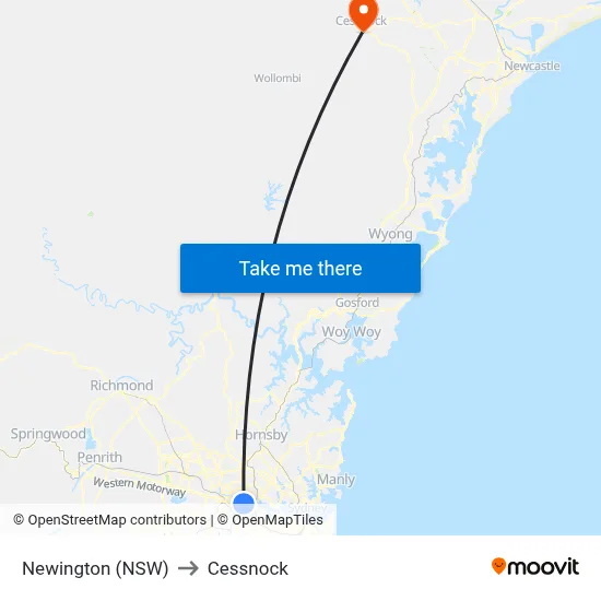 Newington (NSW) to Cessnock map