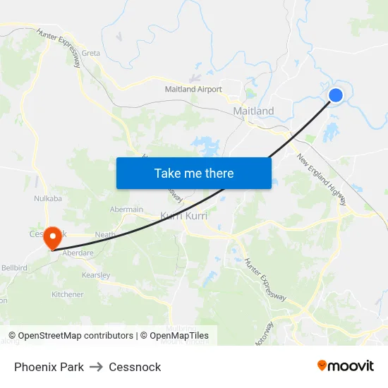 Phoenix Park to Cessnock map