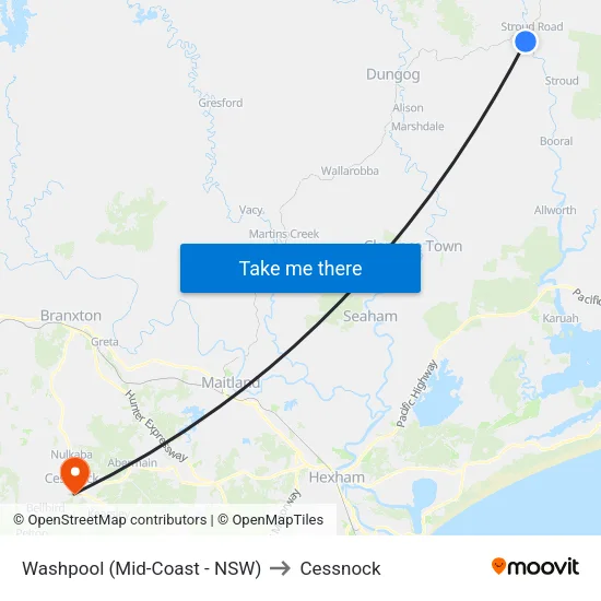 Washpool (Mid-Coast - NSW) to Cessnock map