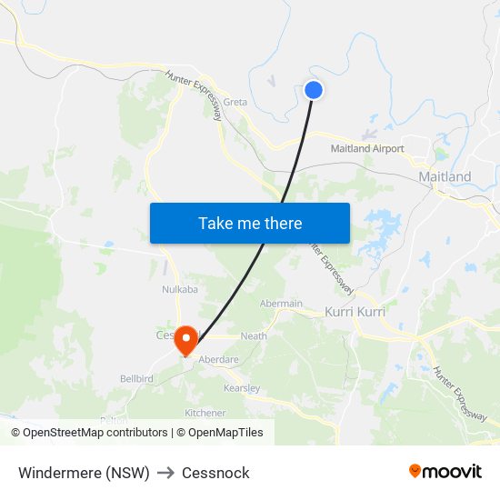 Windermere (NSW) to Cessnock map