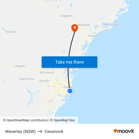 Waverley (NSW) to Cessnock map