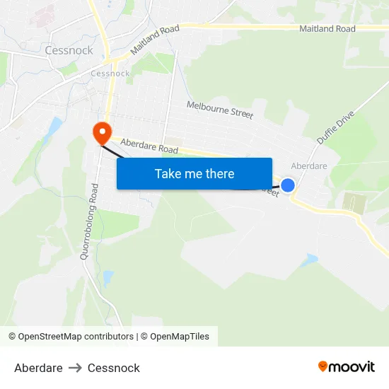Aberdare to Cessnock map