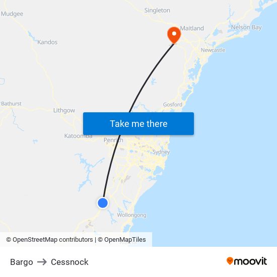 Bargo to Cessnock map