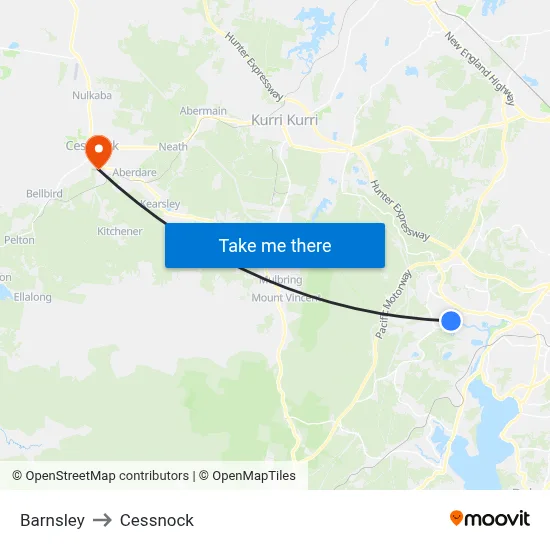 Barnsley to Cessnock map