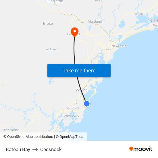 Bateau Bay to Cessnock map