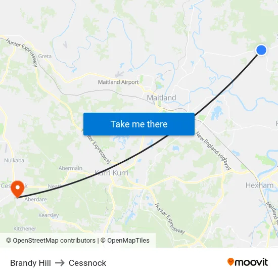 Brandy Hill to Cessnock map