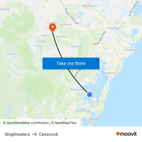 Brightwaters to Cessnock map
