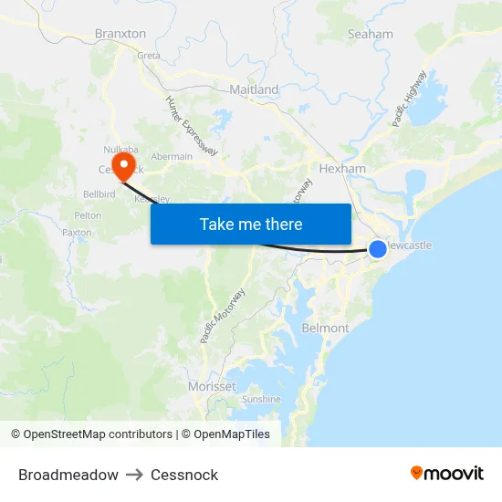 Broadmeadow to Cessnock map