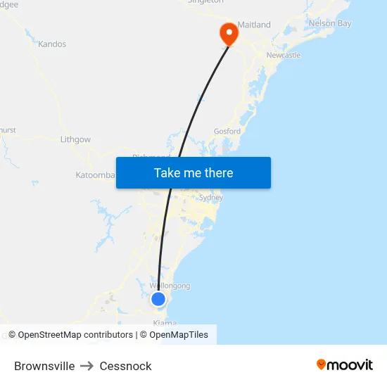 Brownsville to Cessnock map