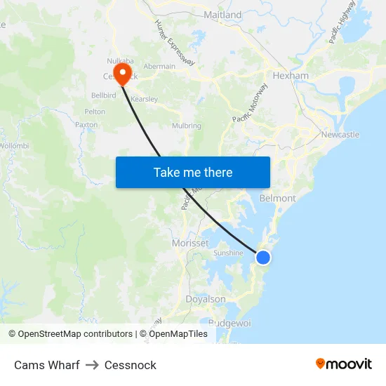 Cams Wharf to Cessnock map
