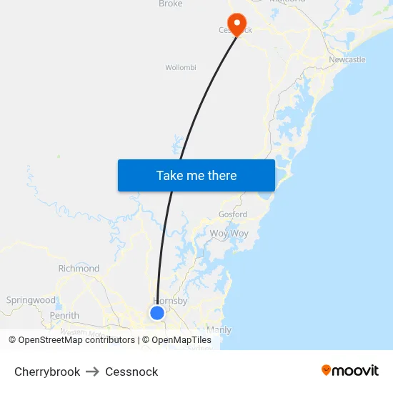 Cherrybrook to Cessnock map