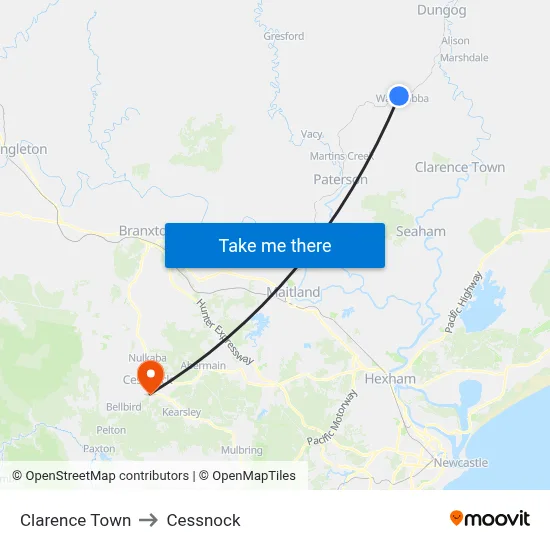 Clarence Town to Cessnock map