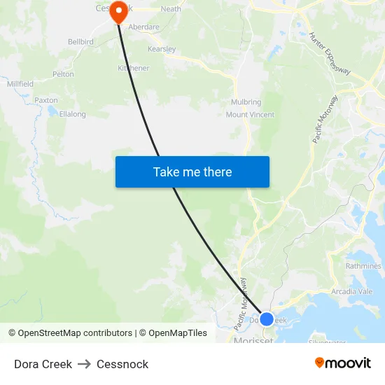 Dora Creek to Cessnock map