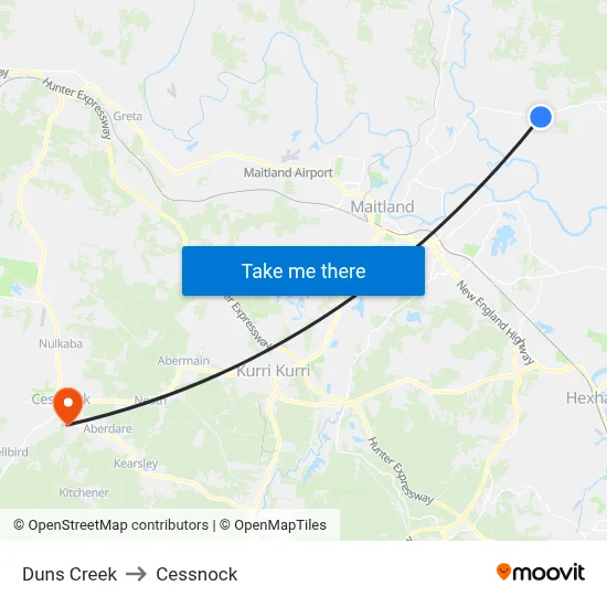 Duns Creek to Cessnock map
