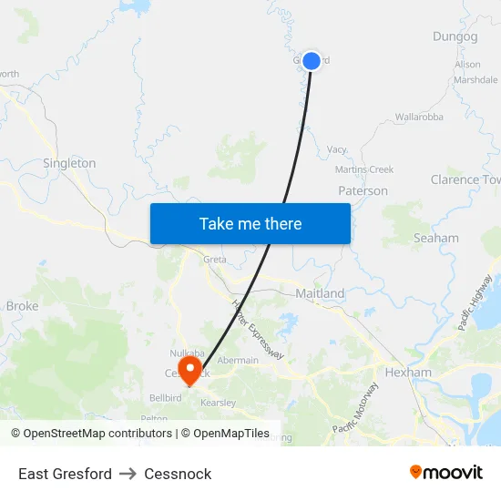 East Gresford to Cessnock map