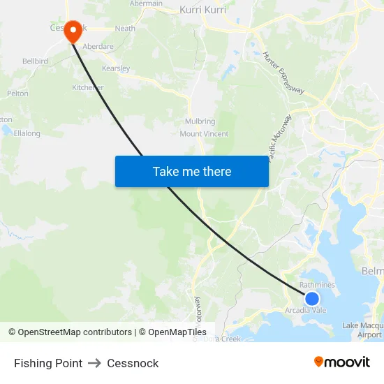 Fishing Point to Cessnock map