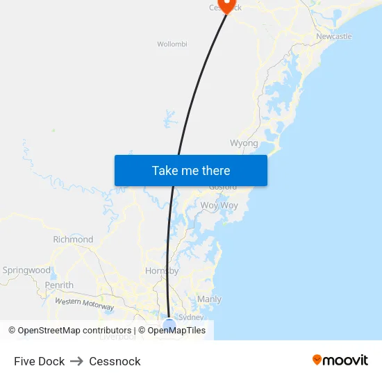 Five Dock to Cessnock map
