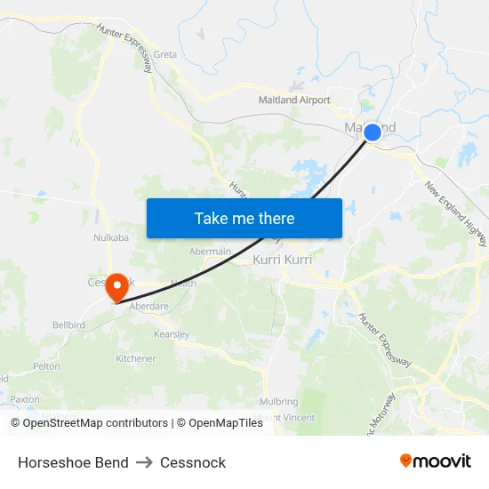 Horseshoe Bend to Cessnock map