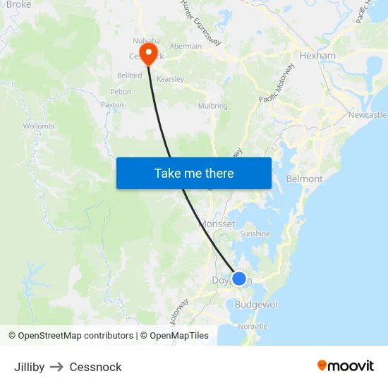 Jilliby to Cessnock map