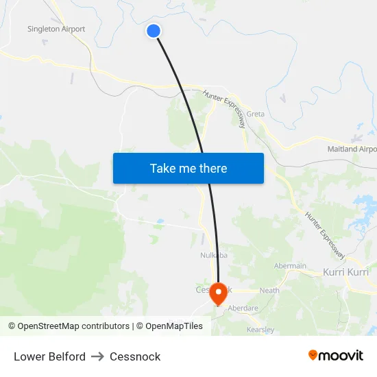 Lower Belford to Cessnock map