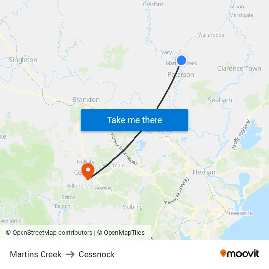 Martins Creek to Cessnock map