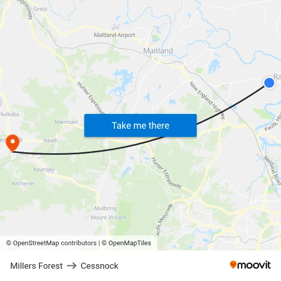 Millers Forest to Cessnock map