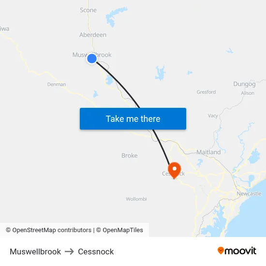 Muswellbrook to Cessnock map