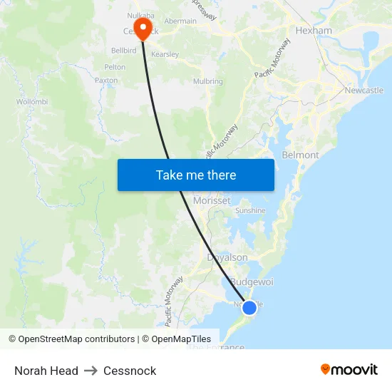 Norah Head to Cessnock map
