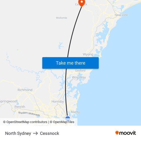 North Sydney to Cessnock map
