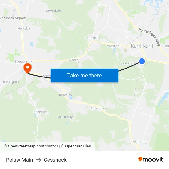 Pelaw Main to Cessnock map
